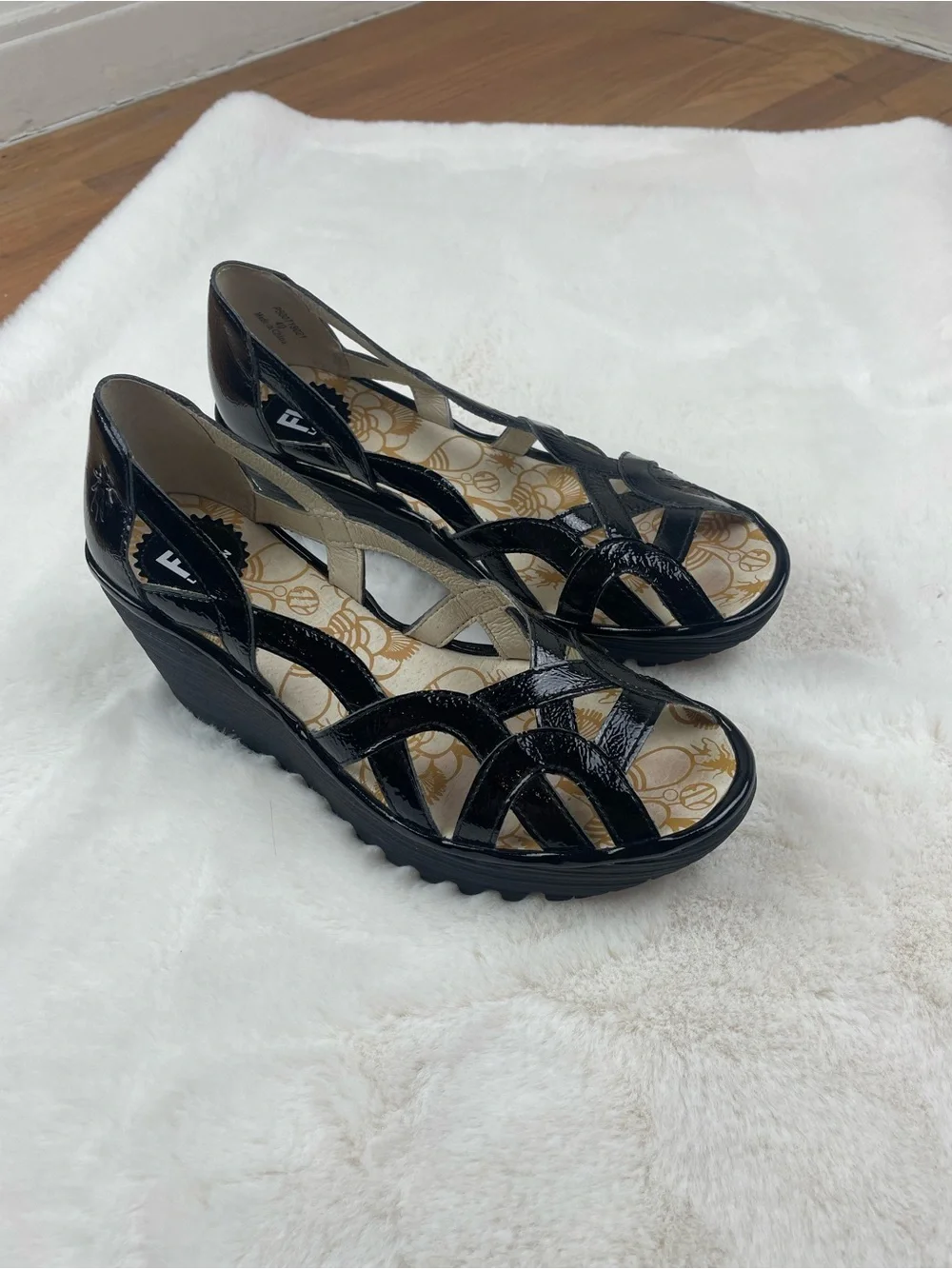 Fly London Black Patent Wedge Sandals Size 40